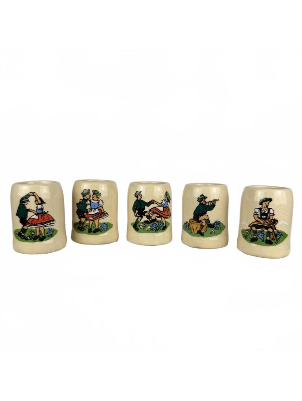 Vintage German Style Mini 2" Beer Mug Stein Set of 5 Ceramic Unmarked Rare Set